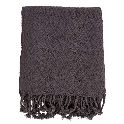 Fennco Styles Solid Color Diamond Weave Tassel 100% Cotton Ultra Soft Throw Blanket, 50" x 60", Grey