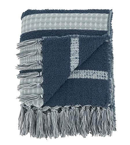Fennco Styles Reversible Waffle Weave Striped Fringe Throw Blanket 50" W x 60" L – Mustard Knitted Blanket for Couch, Bedroom and Living Room Décor