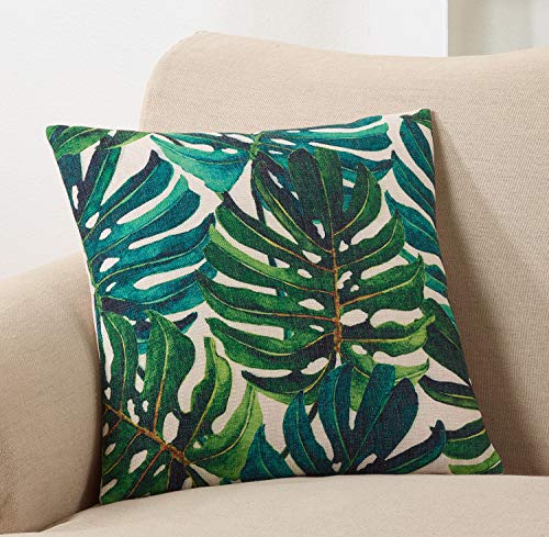 Fennco Styles Home Indoor Outdoor Décor Tropical Print Dark Green Palm Leaf Filled Throw Pillow 18'W X 18" L
