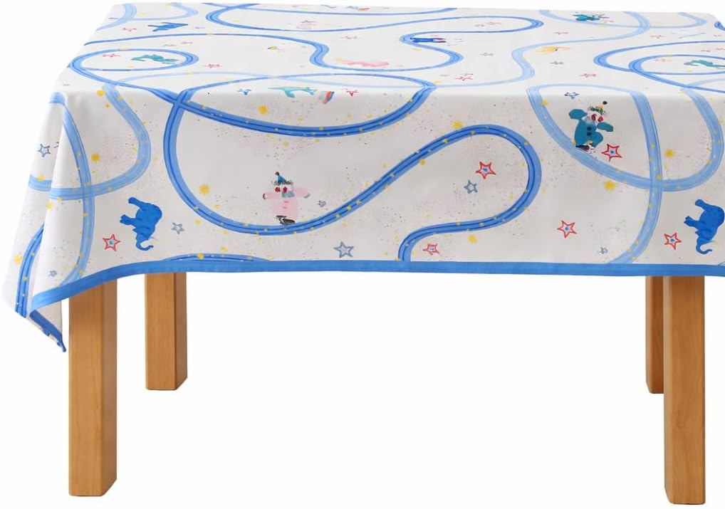 Fennco Styles Playful Circus Scalloped Tablecloth 56" x 71" – Whimsical Fun Animal & Star Print Table Cover for Kids & Family Table Decor for Daily Meals, Parties & Playdates