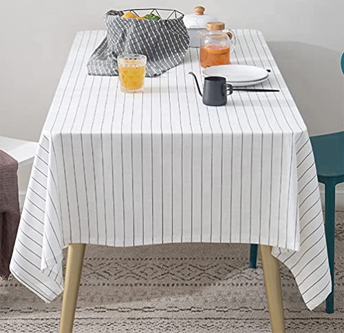 Fennco Styles Casual Pinstripe Cotton Tablecloth 55" W x 55" L - White Striped Rectangle Table Cover for Everyday Use, Home, Dining Room Décor, Banquets, Family Gathering and Special Occasions