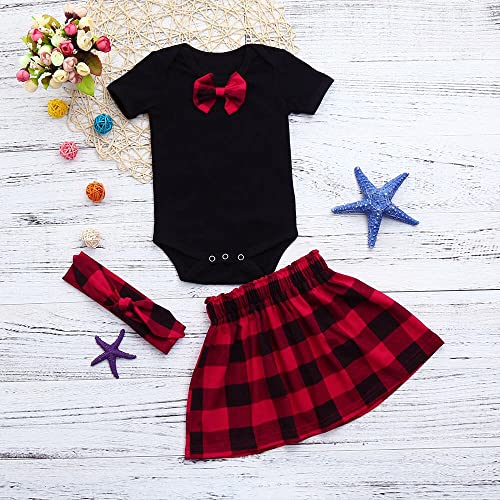 stylesilove Baby Girls Bowknot Short Sleeve Black Cotton Bodysuit, Plaid Skirt with Headband 3pcs Holiday Outfit