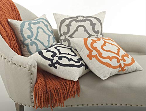 Fennco Styles Eclectic Embroidered Medallion Linen Blend Down Filled Decorative Throw Pillow 17 x 17 Inch - Sea Green Pillow for Everyday Use, Couch, Living Room and Bedroom Décor