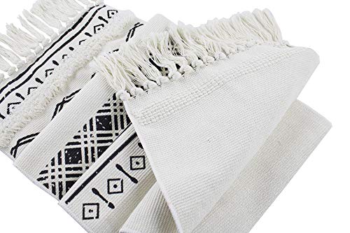 Fennco Styles Boho Farmhouse Woven Fringe Tasseled 14 x 71 Inch Tribal Table Runner – White and Black Table Runner for Everyday Use, Dinner Parties, Special Events and Home Décor
