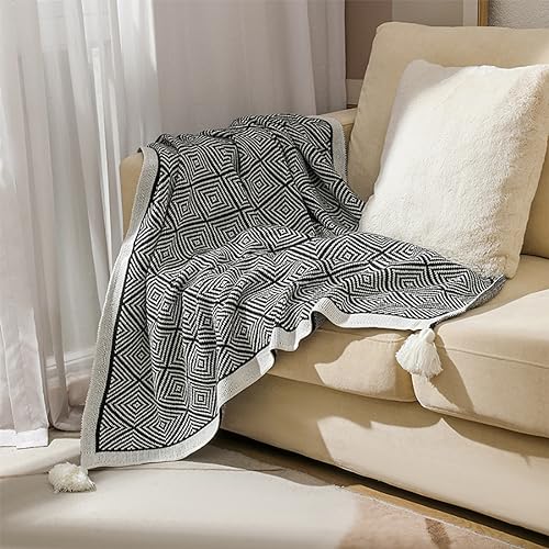 Fennco Styles Modern Diamond Knitted Throw Blanket with Tassel 50" W x 60" L – Taupe Geometric Pattern Lightweight Blanket for Couch, Bedroom, Living Room and Office Décor