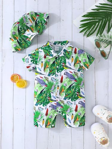 stylesilove Infant Baby Boys Green Tropical Parrot Print Short Sleeve Romper with Hat 2-Piece Summer Outfit