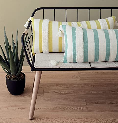 Fennco Styles Handcrafted Tufted Striped Tassel Decorative Lumbar Throw Pillow Cover 14" W x 32" L - Cushion Case for Home, Couch, Living Room, Bedroom, Office Décor