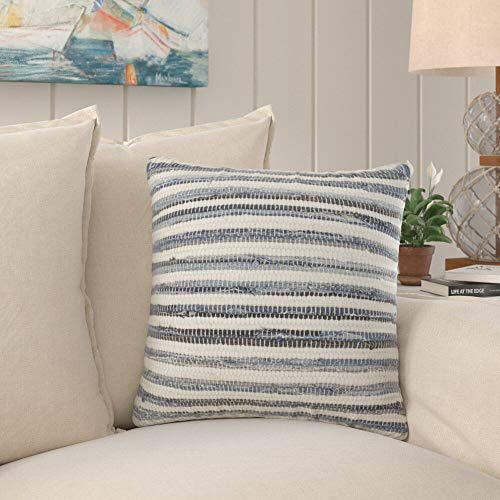 Fennco Styles Gênes Collection Bohemian Tasseled Chindi 100% Pure Cotton 18 x 18 Inch Throw Pillow with Case & Insert – Denim Accent Pillow for Couch, Bedroom and Living Room Décor