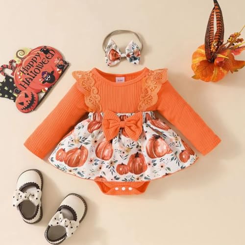 stylesilove Infant Baby Girl Orange Fall Pumpkin Long Sleeve Lace Romper Dress & Bow Headband 2pcs Autumn Harvest Outfit
