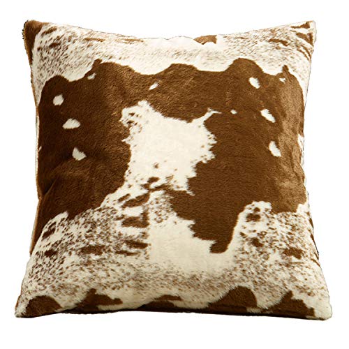 Fennco Styles Rustic Faux Fur Cowhide 28" W x 28" L Decorative Throw Pillow Case – Brown Fur Pillow Case for Couch, Bedroom and Living Room Décor