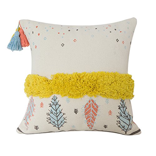 Fennco Styles Embroidered Multicolor Fringe Tassels Pillow - Square 18x18 Decorative Throw Pillow, White Pillow for Couch, Bedroom and Living Room Décor
