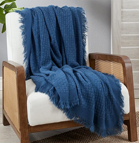 Fennco Styles Waffle Weave Solid Lightweight Throw Blanket with Fringe 50" W x 60" L - Slate Blanket for Sofa, Couch, Living Room and Bedroom Décor