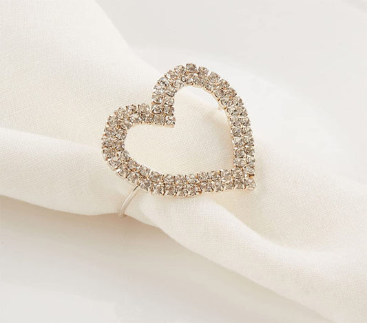 Fennco Styles Elegant Jeweled Heart Napkin Rings, Set of 4 - Silver Decorative Napkin Holder for Dining Table Décor, Holidays, Weddings, Banquets, Family Gatherings and Special Occasions