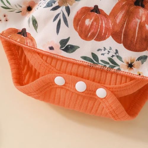 stylesilove Infant Baby Girl Orange Fall Pumpkin Long Sleeve Lace Romper Dress & Bow Headband 2pcs Autumn Harvest Outfit