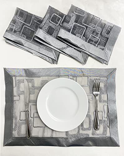 Fennco Styles Embroidered Geometric Sheer Placemats 13" W x 19" L, Set of 4 - Silver Table Mats for Home, Dining Room, Banquets, Christmas and Special Events