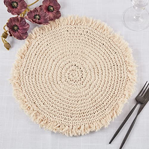 Fennco Styles Boho Macrame Cotton Placemats 15" Round, Set of 2 - Natural Braided Fringe Table Mats for Home, Dining Room, Banquets, Family Gathering and Special Events
