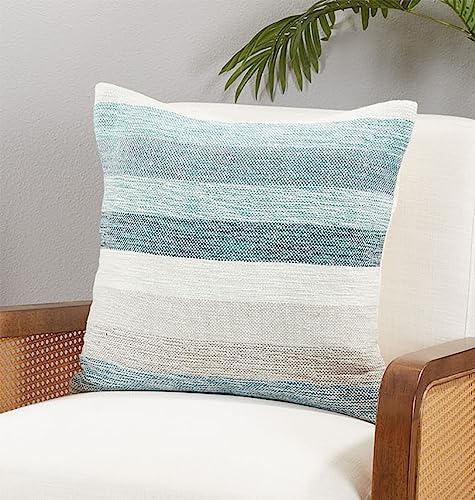Fennco Styles Coastal Striped Cotton Blend Decorative Throw Pillow 20" W x 20" L - Aqua Square Cushion for Home, Couch, Bedroom, Living Room and Office Décor
