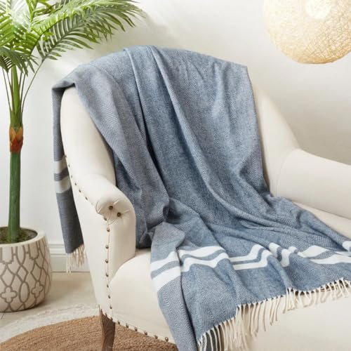 Fennco Styles Yellow Striped Herringbone Throw Blanket with Fringe 50" W x 60" L – Grey Cozy Blanket for Home, Couch, Bedroom, Living Room, Office, and Holiday Décor