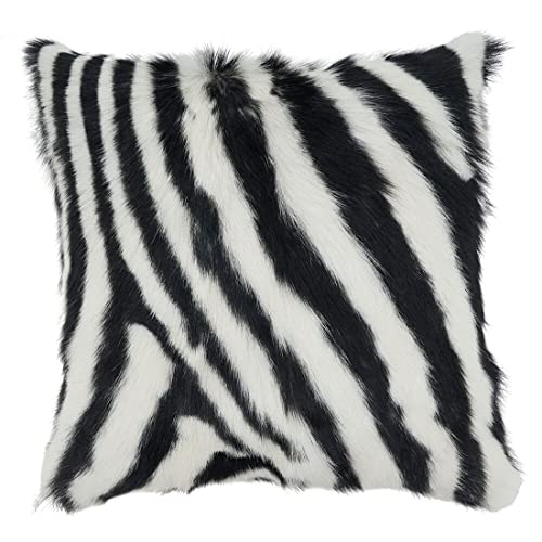Fennco Styles Zebra Goat Fur Decorative Filled Throw Pillow 18" W x 18" L - Black & White Square Cushion for Couch, Bedroom and Living Room Décor