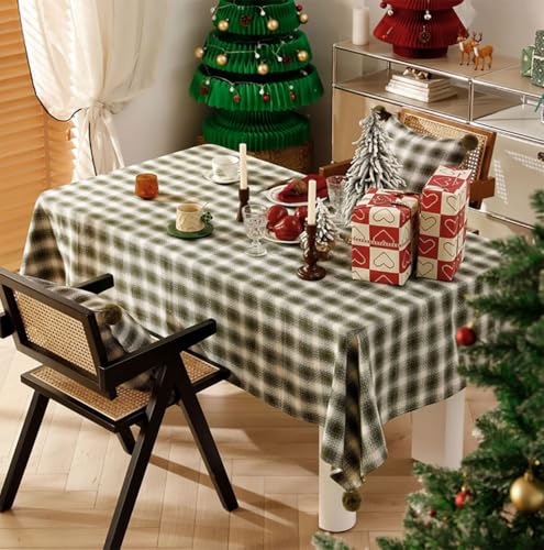 Fennco Styles Plaid Woven 100% Cotton Tablecloth with Pom Pom - Green Table Cover for Winter Holiday Décor, Banquet, Family Gathering and Special Occasion