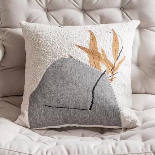 Fennco Styles Art Style Stone Leaf Design Jacquard Throw Pillow Cover 18" W X 18" L – White Woven Square Cushion Case for Couch, Sofa, Bedroom, Office and Living Room Décor