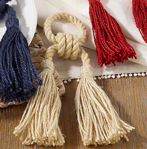 Fennco Styles Chic and Fun Jute Tassel Decorative Napkin Rings, Set of 4 - Navy Blue Handmade Napkin Holders for Dining Table, Home, Banquets, Holidays, Family Gatherings and Special Events