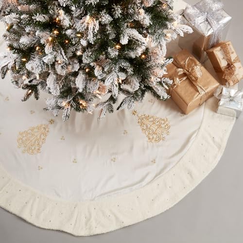Fennco Styles Embroidered Christmas Tree Skirt 56" Round - Gold Elegant Tree Skirt for Home, Holiday Decoration and Special Occasion