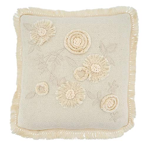 Fennco Styles Delicate Flower Fringe Applique Cotton Decorative Throw Pillow Cover & Insert 18 x 18 Inch - Ivory Accent Pillow for Home, Couch, Living Room and Everyday Décor