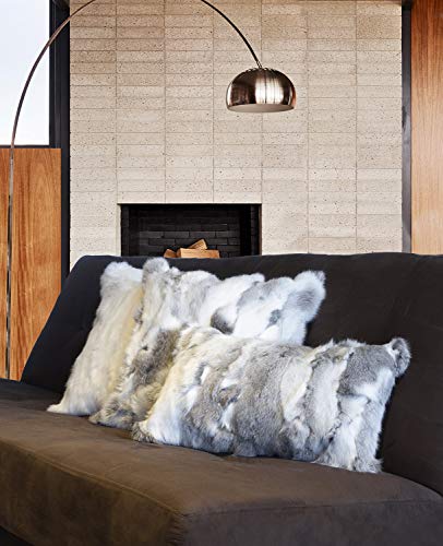 Fennco Styles Lucky Collection Rustic Handcrafted Ultra Soft Rabbit Fur 16 x 16 Inch Throw Pillow with Case & Insert – Grey Accent Pillow for Winter Season on Couch, Bedroom and Living Room Décor
