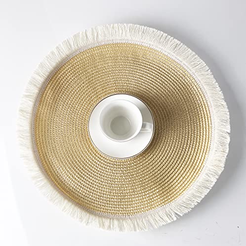 Fennco Styles Hand Braided Fringe Boho Placemats 15 Inch Round, Set of 4 - Beige & White Woven Textured Table Mats for Home, Dining Room, Banquets, Family Gathering and Special Occasion