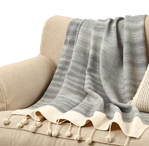 Fennco Styles Alexandra Collection Cottage Strip Tasseled 100% Cotton 50 x 60 Inch Throw – Natural Throw Blanket for Couch, Bedroom and Living Room Décor