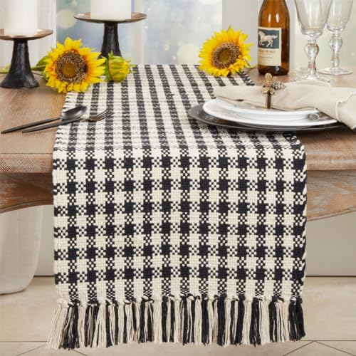 Fennco Styles Classic Houndstooth Tassel Cotton Table Runner 16" W x 72" L - Black & White Woven Table Cover for Home Décor, Dining Table, Banquets, Family Gathering and Special Events