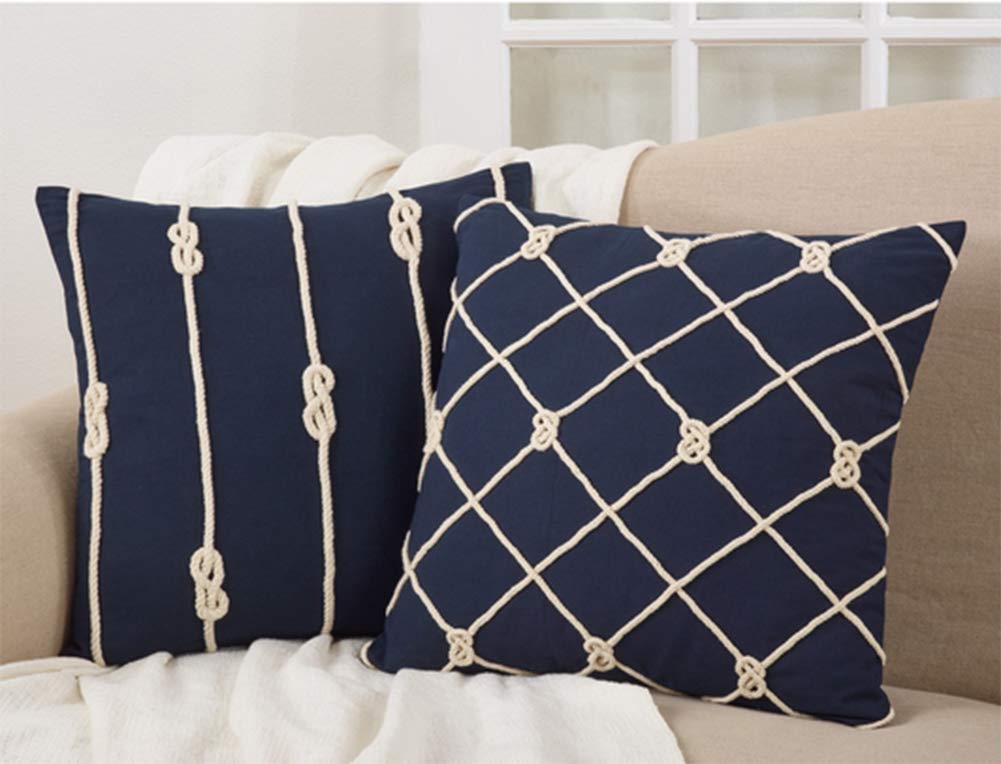 Fennco Styles Corda Di Mare Collection Nautical Rope 100% Pure Cotton 20 x 20 Inch Throw Pillow with Case & Insert - Navy Blue Accent Pillow for Couch, Bedroom and Living Room Décor