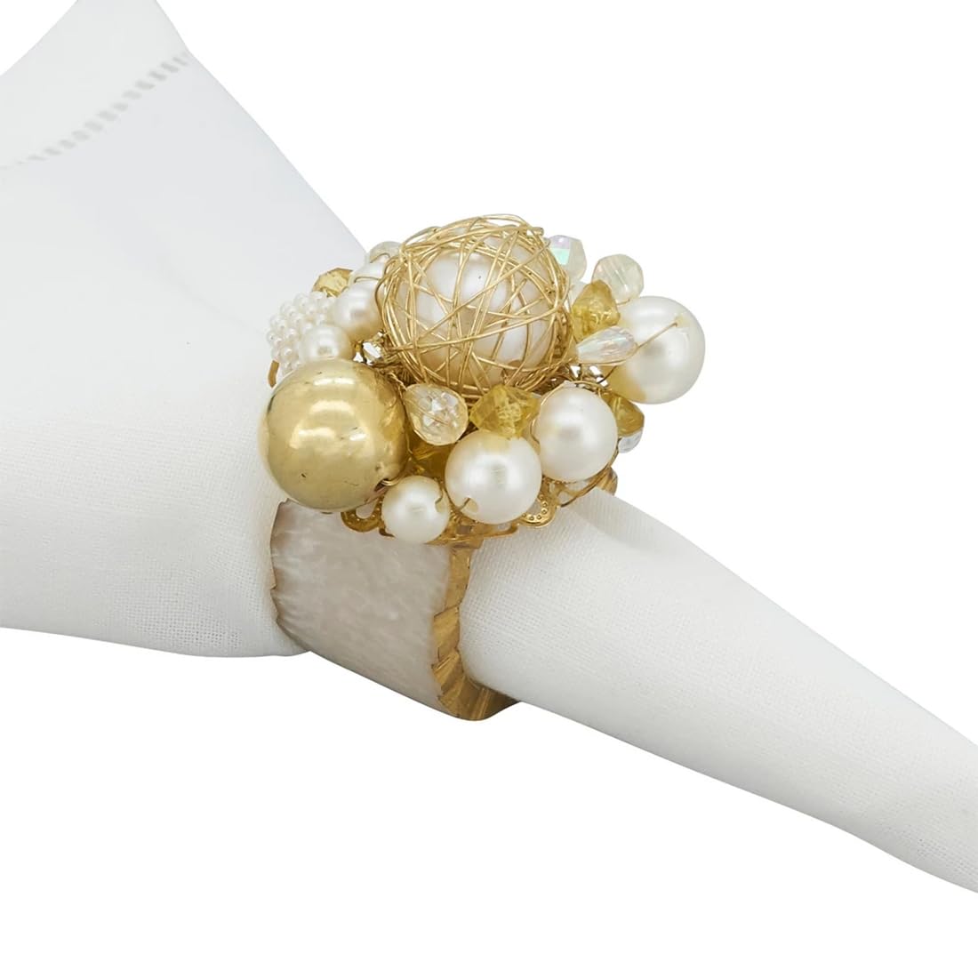 Fennco Styles Glitzy Beaded Elegant Napkin Rings, Set of 4 - Gold Holiday Design Napkin Holders for Home, Dining Table, Banquets, Christmas Décor and Special Occasion