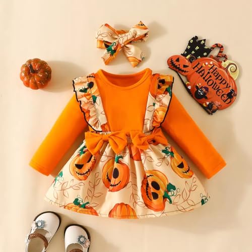 stylesilove Infant Baby Girl Orange Long Sleeve Romper Pumpkin Print Overall Dress with Headband 3pcs Halloween Outfit
