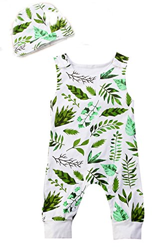 stylesilove Unisex Baby Leaves Pattern Sleeveless Cotton Romper with Hat 2 pcs Set