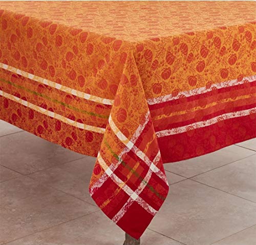 Fennco Styles Harvest Pumpkin and Leaf Jacquard 100% Cotton Tablecloth - Multicolor Table Cover for Holiday, Home Décor, Everyday Use, Christmas Gathering and Special Occasion