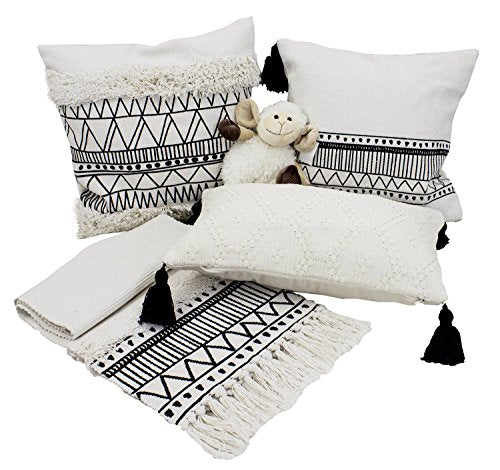 Fennco Styles Ivory Boho Tribal Textured with Tassels Filled Throw Pillow 12" W X 20" L - Woven Diamond Accent Pillow for Home, Couch, Bedroom, and Office Decor