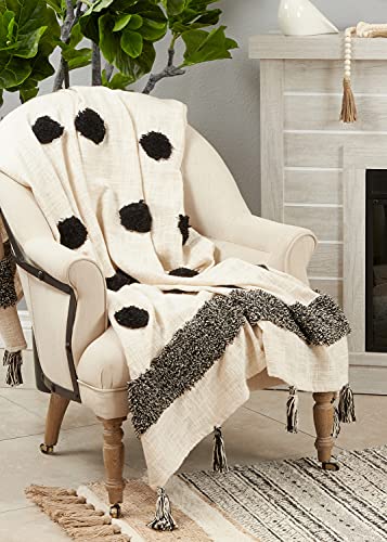 Fennco Styles Boho Tufted Dot Tassel Cotton Throw Blanket 50" W x 60" L – Natural Woven Blanket for Couch, Bedroom and Living Room Décor
