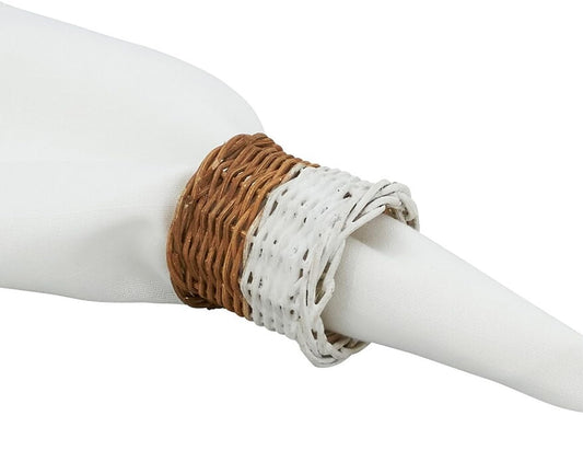 Fennco Styles Rustic Two-Tone Woven Rattan Napkin Rings, Set of 4 - Caramel & White Handmade Napkin Holders for Home, Farmhouse Décor, Banquets, Family Gathering and Special Occasion