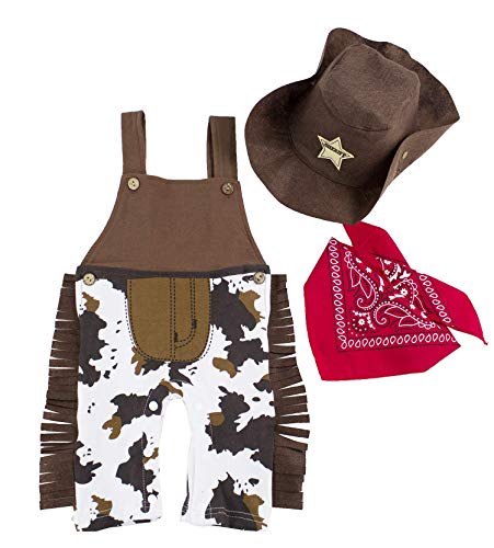 stylesilove Toddler Baby Boy Brown Cowboy Overalls, and Hat, Bandana 3-Piece Outfit for Dress Up, Birthday, and Themed Party