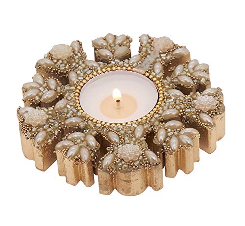 Fennco Styles Beaded Wooden Snowflake 4" W Candle Holder – Glass Beads Tealight Holder for Thanksgiving, Christmas Dinner, Family Gathering, Special Event & Home Decor
