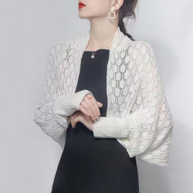 stylesilove Women Lightweight Crochet Hollow Bolero Shrug Long Sleeve Cardigan Soft Sweater Open Front Cape Shawl