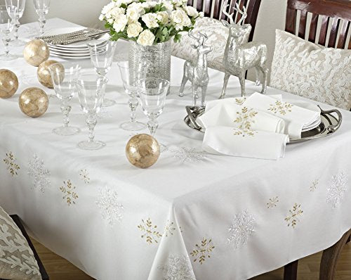 Fennco Styles Embroidered Snowflake Holiday Tablecloth - Silver Elegant Table Cover for Home Décor, Everyday Use, Christmas, Weddings and Special Events