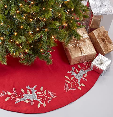 Fennco Styles Embroidered Reindeer Christmas Tree Skirt 54 Inch Round - Red Festive Tree Skirt for Home, Holiday Decoration and Special Occasion