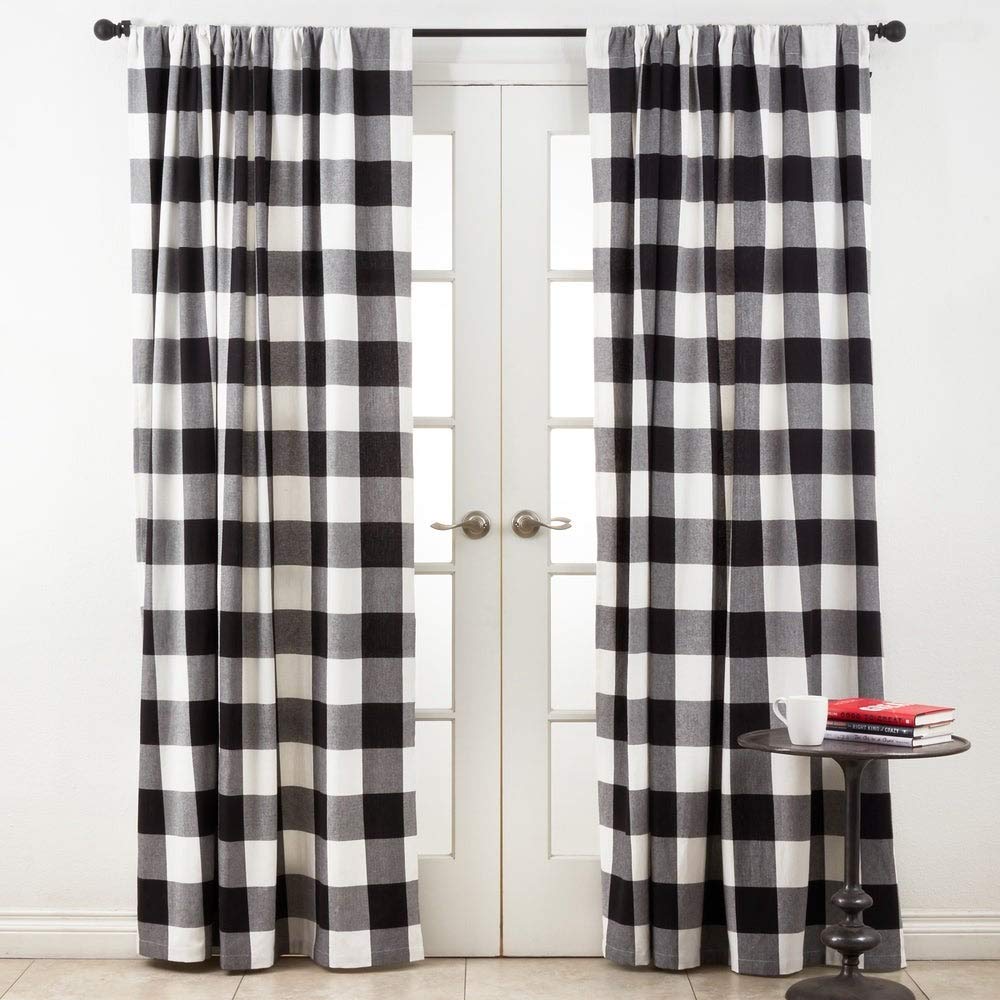 Buffalo Plaid Home Décor 100% Pure Cotton Rod Pocket Window Curtain Single 1 Panel for Bedroom, Living Room, Patio Door Backing Sliding Glass Door Drape, 54 Inches W x 108 Inches L, White-Black