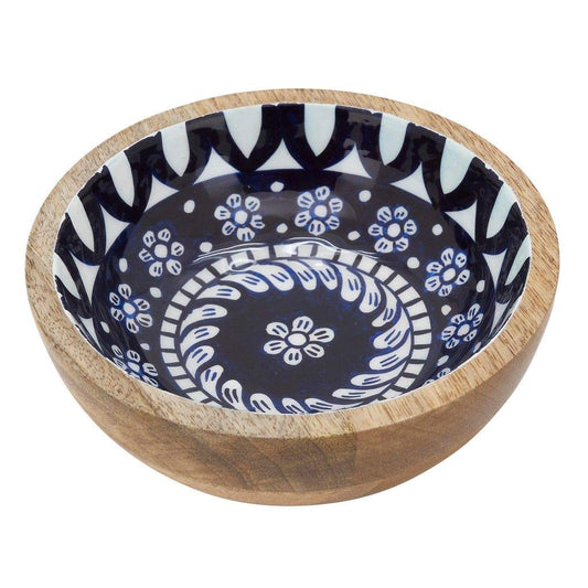 Fennco Styles 7" Round Mango Wood Serving Bowl with Blue Floral Enamel Design for Fruits, Salads, Sides, Home, Kitchen Décor and Holiday Gatherings