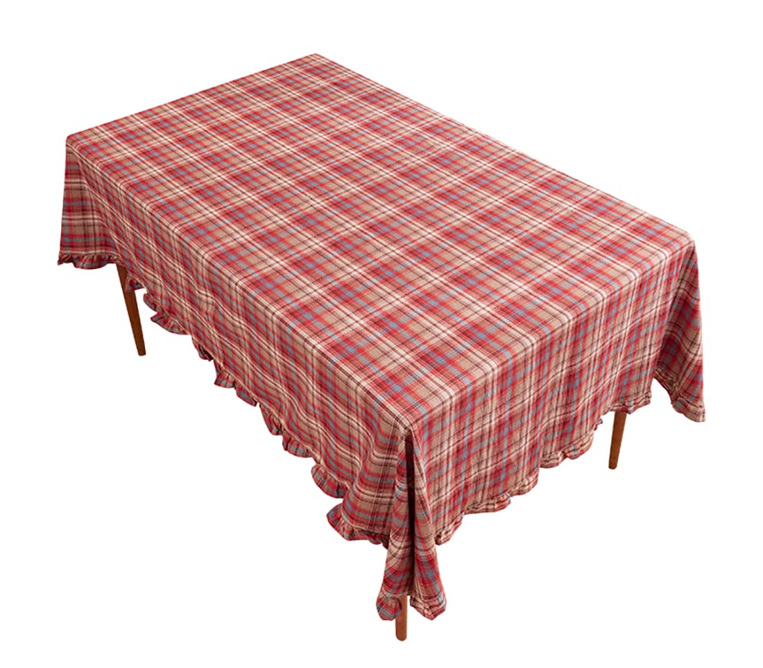 Fennco Styles Plaid Ruffled Border Cotton Woven Tablecloth 56" W x 71" L - Khaki Tartan Table Cover for Banquets, Holiday, Special Events, Home, Dining Room Décor and Everyday Use