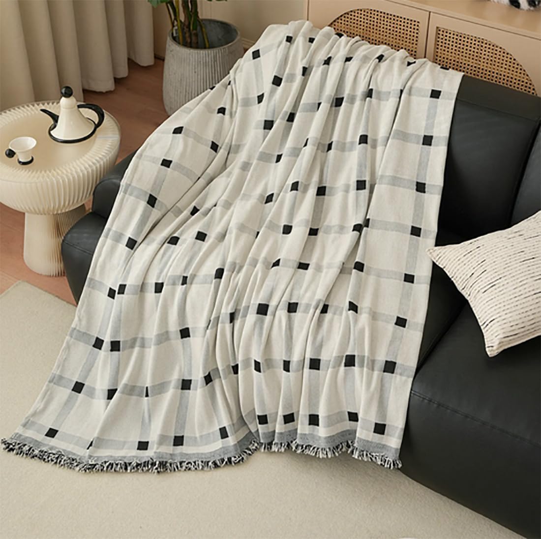 Fennco Styles Checkered Fringe Chenille Reversible Throw Blanket 50" W x 72" L - Black and White Plaid Woven Soft Blanket for Bed, Couch, Sofa, Home, Office and Holidays Décor