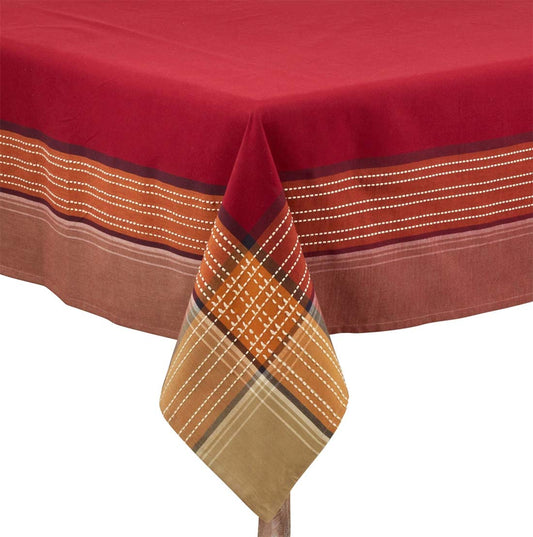 Fennco Styles Autumn Plaid Border Design 100% Cotton Tablecloth 70" W x 70" L - Multicolored Table Cover for Home, Dining Table Decor, Banquet, Thanksgiving, Christmas and Special Event